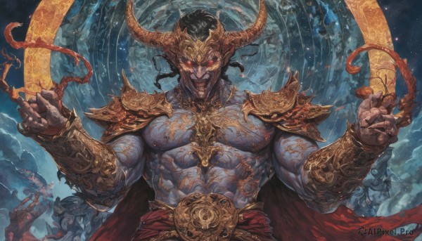 solo,looking at viewer,smile,open mouth,black hair,red eyes,1boy,holding,jewelry,nipples,upper body,weapon,male focus,multiple boys,horns,sky,teeth,solo focus,belt,cape,armor,fingernails,hands up,muscular,glowing,colored skin,facial hair,fangs,scar,abs,moon,helmet,pectorals,muscular male,shoulder armor,gauntlets,glowing eyes,beard,colored sclera,6+boys,veins,pauldrons,topless male,red cape,vambraces,fake horns,bracer,extra arms,horned helmet,grin,blue skin,giant,demon