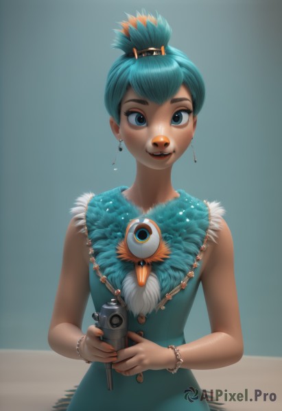 1girl,solo,looking at viewer,smile,short hair,open mouth,bangs,blue eyes,hair ornament,dress,holding,bare shoulders,jewelry,blue hair,upper body,multicolored hair,earrings,parted lips,green hair,teeth,sleeveless,necklace,bracelet,lips,fingernails,gun,eyelashes,aqua hair,makeup,sleeveless dress,blue dress,bird,animal,feathers,lipstick,gem,holding gun,eyeshadow,freckles,beads,nose,camera,topknot,holding camera,aqua dress,weapon,holding weapon,personification,green dress,updo