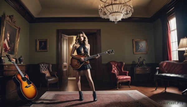 1girl,solo,long hair,breasts,open mouth,skirt,large breasts,brown hair,black hair,dress,cleavage,bare shoulders,jewelry,standing,shoes,sleeveless,indoors,black footwear,black dress,high heels,window,chair,table,sunlight,curtains,instrument,couch,wooden floor,music,guitar,lamp,playing instrument,electric guitar,armchair,speaker,carpet,chandelier,amplifier,red eyes,boots,acoustic guitar