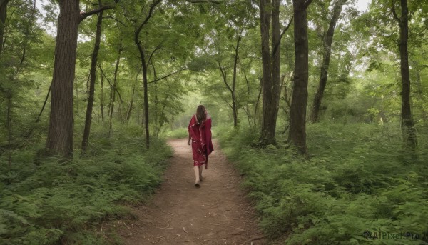 1girl,solo,long hair,brown hair,black hair,long sleeves,standing,outdoors,japanese clothes,day,kimono,from behind,tree,sunlight,grass,nature,scenery,forest,walking,road,red kimono,wide shot,path,multiple girls,2girls,holding hands