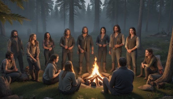 long hair,short hair,multiple girls,blonde hair,brown hair,shirt,black hair,sitting,standing,jacket,boots,outdoors,multiple boys,pants,tree,facial hair,crossed arms,grass,fire,nature,beard,sleeves rolled up,forest,6+boys,rock,mustache,log,tent,campfire,barefoot,vest,denim,animification