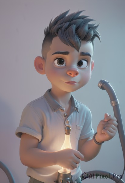 solo,looking at viewer,smile,simple background,brown hair,shirt,black hair,1boy,brown eyes,closed mouth,white shirt,upper body,short sleeves,male focus,shorts,collared shirt,grey background,child,freckles,male child,short hair,holding,artist name,spiked hair