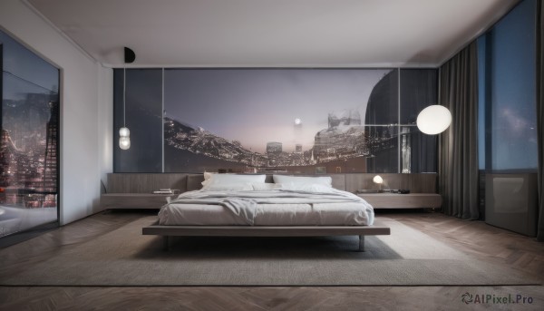 sky,cloud,indoors,pillow,no humans,window,bed,night,shadow,on bed,curtains,building,star (sky),night sky,scenery,wooden floor,city,clock,light,lamp,cityscape,bedroom,skyscraper,city lights,bed sheet,table,reflection,door,floor,carpet,ceiling light,rug,reflective floor