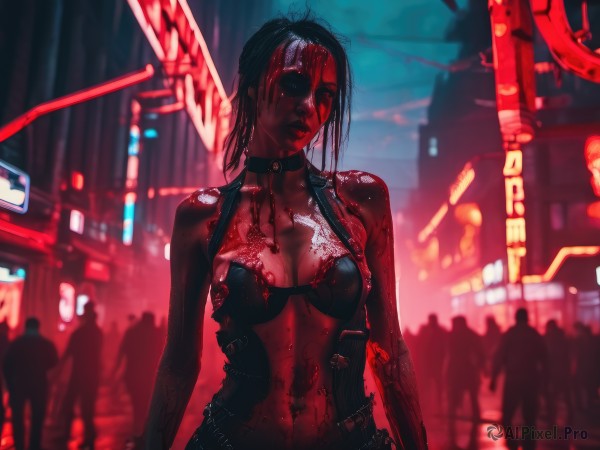 1girl,long hair,breasts,looking at viewer,black hair,navel,cleavage,bare shoulders,medium breasts,underwear,swimsuit,upper body,weapon,bikini,outdoors,solo focus,choker,bra,blurry,collar,lips,gun,blood,night,blurry background,eyepatch,ground vehicle,black bra,bikini top only,blood on face,city,blood on clothes,crowd,cyberpunk,neon lights,6+others,solo,jewelry,collarbone,parted lips,belt,tattoo,piercing,facing viewer,multiple others,cyborg,city lights