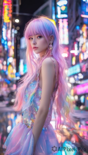 1girl,solo,long hair,looking at viewer,bangs,blue eyes,dress,bare shoulders,jewelry,standing,pink hair,multicolored hair,cowboy shot,earrings,outdoors,sleeveless,artist name,blunt bangs,blurry,from side,lips,see-through,makeup,night,sleeveless dress,depth of field,blurry background,wavy hair,gem,purple dress,city,realistic,nose,neon lights,breasts,very long hair,closed mouth,upper body,parted lips,necklace,bare arms,eyelashes,gradient hair,blue dress,watermark,expressionless,lipstick,crescent,pink lips,car,bokeh,city lights,crescent earrings