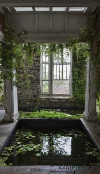 day,indoors,water,tree,no humans,window,leaf,sunlight,plant,scenery,stairs,ruins,vines,pillar,lily pad,arch,moss,overgrown,column,broken window