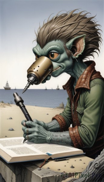 solo,brown hair,1boy,holding,jewelry,jacket,upper body,male focus,earrings,outdoors,horns,teeth,pointy ears,water,orange eyes,colored skin,ocean,ring,sleeves rolled up,colored sclera,pen,watercraft,green skin,pencil,ship,yellow sclera,monster boy,holding pen,writing,ink,nib pen (object),sitting,yellow eyes,open clothes,sky,day,artist name,signature,vest,from side,book,profile,table,zipper,paper,open book,sand,horizon,leather,quill,inkwell