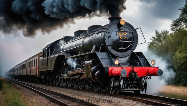 outdoors,sky,day,cloud,tree,military,no humans,grass,ground vehicle,nature,motor vehicle,forest,smoke,military vehicle,tank,vehicle focus,caterpillar tracks,world war ii,weapon,science fiction,machine gun,train,railroad tracks