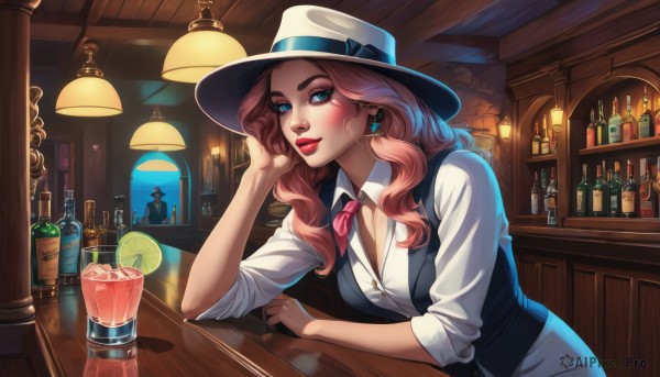 1girl,solo,long hair,breasts,looking at viewer,smile,blue eyes,large breasts,brown hair,shirt,hat,bow,cleavage,jewelry,medium breasts,white shirt,pink hair,earrings,parted lips,food,collared shirt,indoors,vest,cup,lips,eyelashes,makeup,leaning forward,fruit,wavy hair,bottle,lipstick,alcohol,sleeves rolled up,eyeshadow,drinking glass,ice,head rest,black vest,drink,red lips,glass,lamp,candle,shelf,waistcoat,mascara,lemon,bar (place),counter,cocktail glass,bartender,cocktail,long sleeves,ribbon,sitting,closed mouth,green eyes,necktie,solo focus,alternate costume,dress shirt,buttons,watermark,blue bow,formal,table,hat ribbon,wing collar,blue ribbon,red necktie,hat bow,web address,hand in own hair,eyeliner,cherry,cross earrings,ceiling light,whiskey