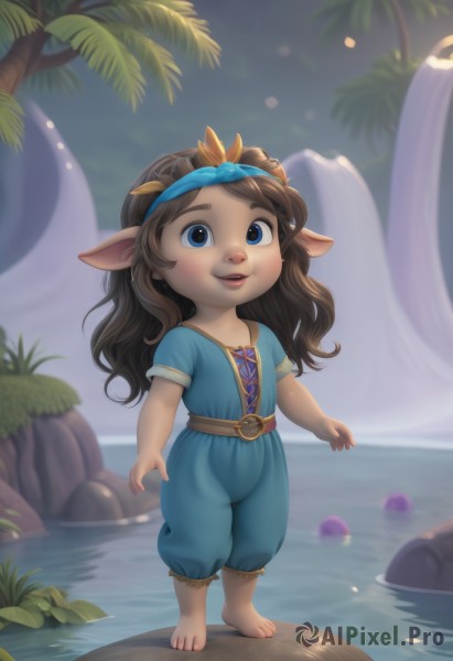 1girl,solo,long hair,looking at viewer,smile,open mouth,blue eyes,brown hair,animal ears,standing,full body,short sleeves,outdoors,parted lips,barefoot,pointy ears,belt,pants,water,blurry,tree,blurry background,blue shirt,child,furry,palm tree,waterfall,yordle,dress,lips