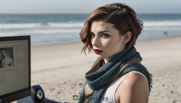 1girl,solo,looking at viewer,short hair,brown hair,shirt,bare shoulders,brown eyes,jewelry,white shirt,upper body,earrings,outdoors,parted lips,sleeveless,day,scarf,mole,blurry,lips,sleeveless shirt,makeup,depth of field,blurry background,ocean,beach,lipstick,freckles,realistic,sand,camera,red lips,stud earrings,closed mouth,weapon,artist name,nose