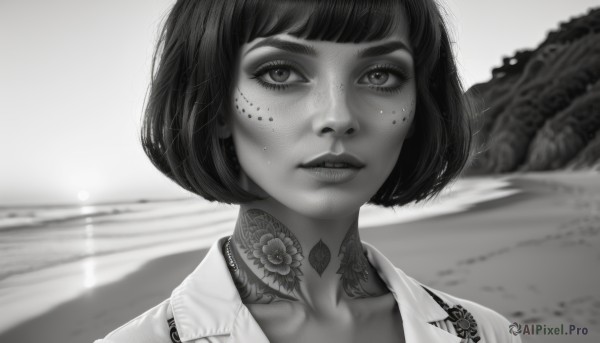 1girl,solo,looking at viewer,short hair,bangs,shirt,collarbone,monochrome,upper body,greyscale,outdoors,parted lips,collared shirt,blunt bangs,blurry,lips,eyelashes,tattoo,depth of field,blurry background,ocean,beach,bob cut,portrait,freckles,realistic,nose,arm tattoo,neck tattoo,jewelry,teeth,choker,close-up,facial tattoo