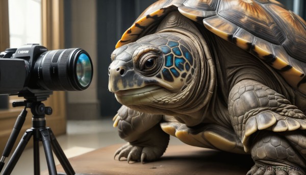 HQ,indoors,blurry,no humans,window,blurry background,animal,claws,science fiction,monster,realistic,camera,scales,animal focus,alien,video camera,turtle,dinosaur,kaijuu,solo,standing,pokemon (creature),snake,camcorder,lizard