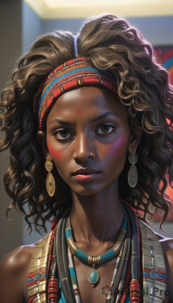 1girl,solo,breasts,looking at viewer,brown hair,cleavage,bare shoulders,brown eyes,jewelry,closed mouth,collarbone,upper body,hairband,earrings,dark skin,necklace,blurry,dark-skinned female,lips,blurry background,headband,portrait,curly hair,realistic,nose,very dark skin,long hair,black hair,sleeveless,vest,eyelashes,makeup,wavy hair,facial mark,lipstick,gem,forehead,facepaint,dreadlocks