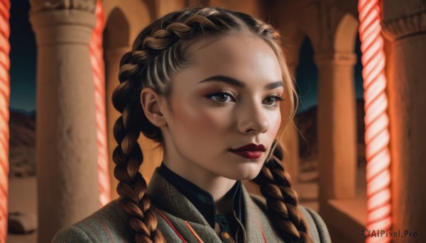 1girl,solo,long hair,looking at viewer,smile,brown hair,shirt,brown eyes,closed mouth,upper body,braid,multicolored hair,outdoors,sky,blurry,twin braids,two-tone hair,lips,makeup,night,blurry background,lipstick,portrait,star (sky),forehead,freckles,realistic,red lips,animification,pillar,column,multiple braids,black hair,artist name,night sky,starry sky,nose