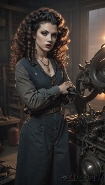 1girl,solo,long hair,breasts,looking at viewer,brown hair,shirt,black hair,long sleeves,cleavage,jewelry,medium breasts,standing,parted lips,belt,pants,indoors,necklace,blurry,black eyes,vest,lips,makeup,blurry background,denim,lipstick,ground vehicle,grey shirt,motor vehicle,curly hair,jeans,nose,red lips,overalls,motorcycle,skirt,brown eyes,earrings,watermark,wavy hair,long skirt,realistic,brown belt,eyeliner