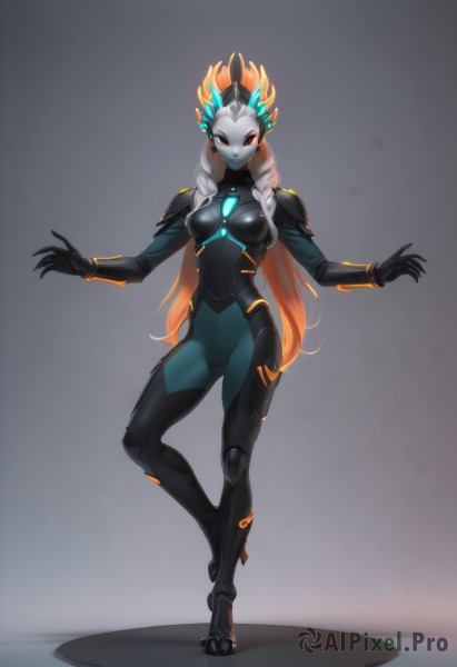 1girl,solo,long hair,breasts,looking at viewer,smile,red eyes,medium breasts,standing,full body,multicolored hair,alternate costume,pointy ears,artist name,grey background,orange hair,armor,high heels,cosplay,bodysuit,makeup,glowing,colored skin,standing on one leg,skin tight,colored sclera,black bodysuit,yellow sclera,black skin,neon trim,simple background,very long hair,braid,white hair,gradient hair,mask,blue skin,black sclera