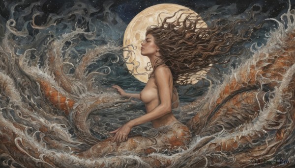 1girl,solo,long hair,breasts,brown hair,medium breasts,nipples,closed eyes,nude,sky,cloud,dark skin,water,from side,dark-skinned female,lips,completely nude,sideboob,profile,night,floating hair,ocean,moon,monster girl,star (sky),night sky,full moon,starry sky,scales,mermaid,waves,very long hair,closed mouth,upper body,wavy hair,topless,looking up,wind,no nipples,fins,eastern dragon