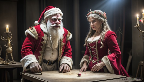 HQ,1girl,long hair,breasts,blue eyes,blonde hair,long sleeves,1boy,hat,dress,cleavage,jewelry,medium breasts,closed mouth,white hair,belt,indoors,wide sleeves,necklace,fur trim,facial hair,red dress,table,christmas,red headwear,beard,santa hat,santa costume,mustache,candle,head wreath,manly,old,old man,wreath,candlestand,candlelight,earrings,coat,ring,crown,realistic