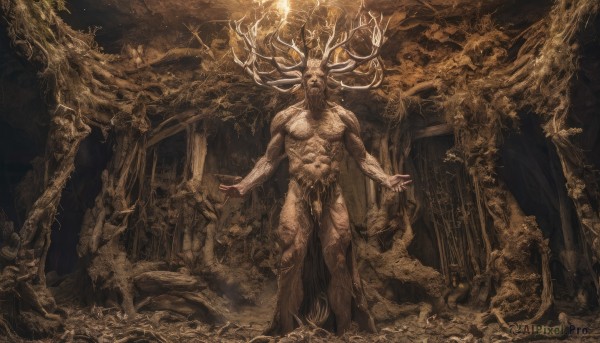 solo,long hair,looking at viewer,1boy,closed mouth,standing,male focus,horns,tree,fingernails,muscular,abs,pelvic curtain,antlers,skeleton,loincloth,extra arms,statue,brown theme,deer,no humans,glowing,muscular male,scenery,glowing eyes,monster,pillar,yellow theme