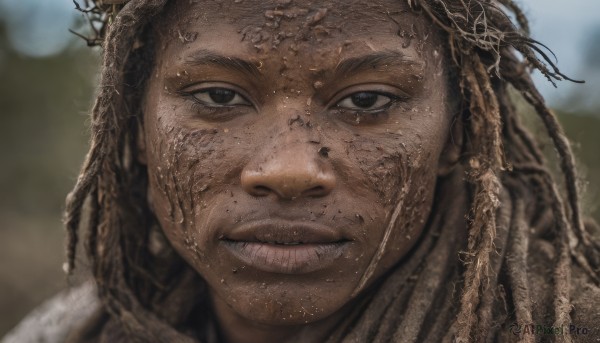 solo,looking at viewer,brown hair,1boy,brown eyes,braid,male focus,outdoors,parted lips,teeth,dark skin,blurry,black eyes,depth of field,blurry background,portrait,close-up,realistic,dirty,dirty face,dreadlocks,smile,black hair,facial hair,beard,freckles