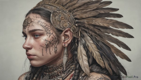 1girl,solo,long hair,looking at viewer,blue eyes,simple background,black hair,hair ornament,jewelry,closed mouth,braid,earrings,grey background,necklace,lips,tattoo,facial mark,piercing,feathers,ear piercing,portrait,freckles,realistic,nose,headdress,feather hair ornament,facepaint,facial tattoo,neck tattoo,lip piercing,tribal,native american,from side,eyelashes,profile,makeup,nose piercing,eyebrow piercing,multiple braids