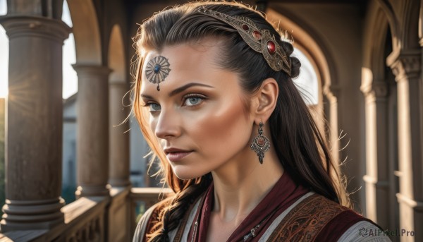 1girl,solo,long hair,looking at viewer,blue eyes,brown hair,black hair,hair ornament,jewelry,closed mouth,upper body,earrings,day,blurry,lips,grey eyes,eyelashes,depth of field,blurry background,gem,portrait,forehead,realistic,nose,hair pulled back,pillar,braid,parted lips,artist name,mole,facial mark,sunlight,backlighting,freckles,forehead mark,column