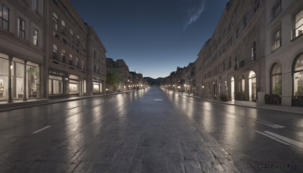 outdoors,sky,cloud,tree,no humans,window,night,shadow,building,star (sky),night sky,scenery,starry sky,reflection,city,road,cityscape,house,lamppost,street,water,blue sky,plant,door,bush,town,pavement,reflective water,vanishing point