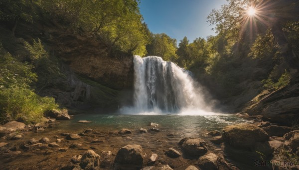 outdoors, sky, day, water, tree, blue sky, no humans, sunlight, nature, scenery, forest, rock, mountain, sun, waterfall