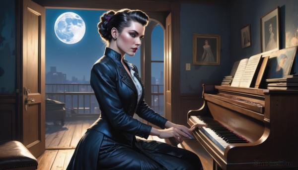 1girl,solo,breasts,looking at viewer,short hair,blue eyes,shirt,black hair,hair ornament,jewelry,sitting,jacket,earrings,sky,pants,indoors,signature,hair bun,nail polish,lips,window,makeup,night,chair,formal,moon,single hair bun,suit,instrument,night sky,full moon,wooden floor,realistic,nose,music,stud earrings,photo (object),playing instrument,painting (object),piano,grand piano,skirt,book,lipstick,star (sky),blue nails,long skirt,cityscape,moonlight,updo