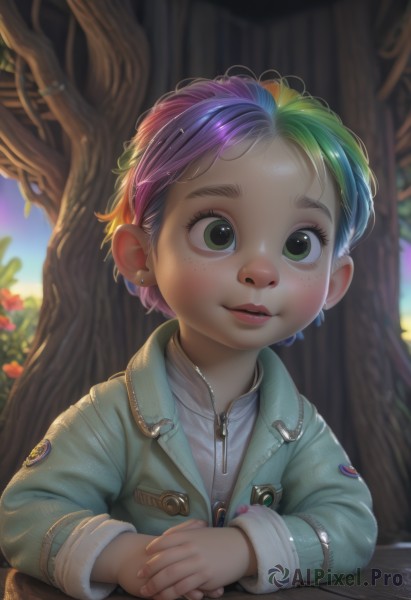 1girl,solo,looking at viewer,smile,short hair,long sleeves,jewelry,green eyes,jacket,upper body,pink hair,purple hair,flower,multicolored hair,earrings,outdoors,parted lips,green hair,teeth,artist name,signature,blurry,two-tone hair,tree,lips,gradient hair,blurry background,own hands together,child,androgynous,zipper,freckles,green jacket,female child,badge,patch,rainbow hair,shirt,blue hair,fingernails,eyelashes,watermark,web address,realistic,nose,denim jacket