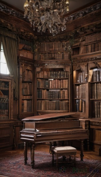 day,indoors,book,no humans,window,chair,table,sunlight,curtains,instrument,scenery,wooden floor,stairs,bookshelf,candle,library,piano,carpet,candlestand,rug,chandelier,lamp,painting (object),ceiling,grand piano