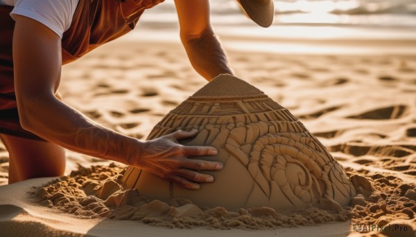 solo,shirt,1boy,holding,white shirt,short sleeves,male focus,outdoors,shorts,water,blurry,tattoo,blurry background,ocean,beach,realistic,sand,1girl,ass,multiple boys,dark skin,fingernails,depth of field,freckles,out of frame,head out of frame,lower body