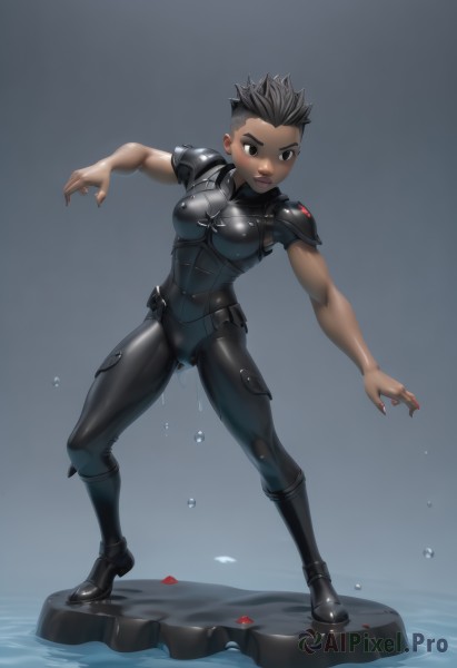 1girl,solo,breasts,short hair,black hair,brown eyes,medium breasts,standing,full body,boots,dark skin,water,armor,black eyes,dark-skinned female,lips,wet,bodysuit,shoulder armor,skin tight,science fiction,legs apart,pauldrons,breastplate,fighting stance,very short hair,undercut,shoulder pads,nail polish,spiked hair,tomboy,very dark skin