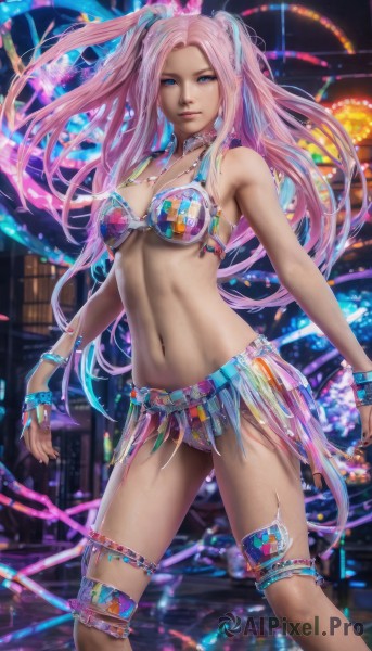 1girl,solo,long hair,breasts,looking at viewer,blue eyes,navel,cleavage,twintails,jewelry,medium breasts,underwear,swimsuit,pink hair,bikini,multicolored hair,choker,midriff,necklace,bra,bracelet,lips,thigh strap,skirt,hair ornament,standing,artist name,underboob,watermark,bikini top only,web address,beads,realistic