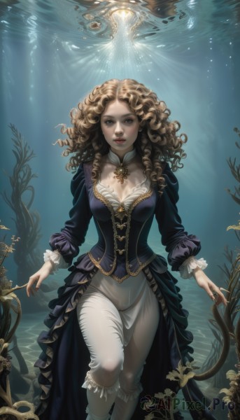 1girl,solo,long hair,breasts,looking at viewer,blue eyes,blonde hair,brown hair,long sleeves,dress,cleavage,jewelry,medium breasts,standing,frills,parted lips,puffy sleeves,signature,water,necklace,lips,makeup,watermark,wavy hair,drill hair,plant,lipstick,web address,curly hair,light rays,underwater,fantasy,ringlets,seaweed,large breasts,brown eyes,teeth,socks,nail polish,ring,white socks,corset,bubble,skull,air bubble,skeleton,frilled socks