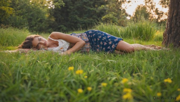 1girl,solo,looking at viewer,short hair,skirt,brown hair,dress,bare shoulders,brown eyes,closed eyes,flower,outdoors,lying,parted lips,barefoot,sleeveless,day,blurry,tree,lips,blue skirt,depth of field,on side,floral print,tank top,grass,nature,realistic,on ground,breasts,full body,shorts,bare arms,sunlight,sleeping,blurry foreground,yellow flower,dappled sunlight,on grass,dandelion