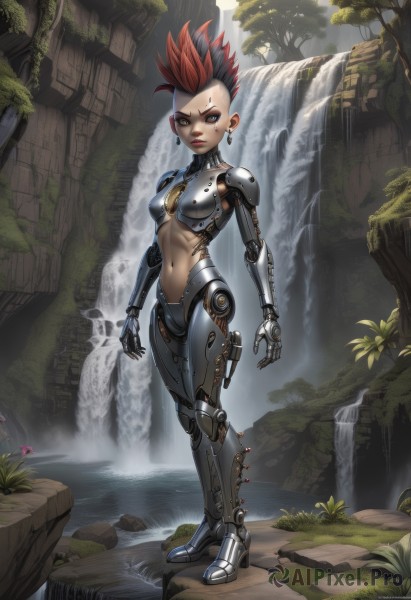 1girl,solo,breasts,looking at viewer,short hair,black hair,navel,brown eyes,jewelry,medium breasts,standing,full body,red hair,multicolored hair,earrings,small breasts,outdoors,water,two-tone hair,tree,lips,makeup,science fiction,android,joints,mechanical arms,cyborg,robot joints,waterfall,cyberpunk,mechanical legs,yellow eyes,flower,midriff,armor,facial mark,piercing,facepaint,mohawk,mechanical eye