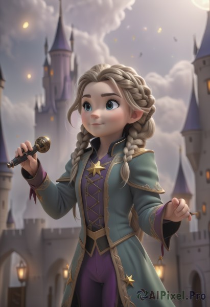 1girl,solo,long hair,smile,blue eyes,blonde hair,long sleeves,dress,holding,closed mouth,braid,outdoors,sky,pointy ears,pants,artist name,cloud,blurry,twin braids,coat,blurry background,moon,cloudy sky,building,microphone,castle,tower,purple pants,elsa (frozen),standing,lips,thick eyebrows,aged down,hair over shoulder