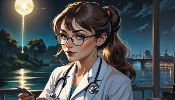 1girl,solo,long hair,bangs,blue eyes,brown hair,shirt,holding,jewelry,upper body,ponytail,earrings,outdoors,parted lips,sky,glasses,cloud,indoors,water,tree,lips,window,night,phone,moon,thick eyebrows,building,star (sky),night sky,starry sky,freckles,reflection,black-framed eyewear,city,labcoat,stud earrings,earphones,lamppost,boat,stethoscope,brown-framed eyewear,doctor,looking at viewer,blush,smile,collarbone,collared shirt,nail polish,fingernails,eyelashes,makeup,cellphone,blue shirt,lipstick,smartphone,holding phone,realistic,nose,red lips,river,lake