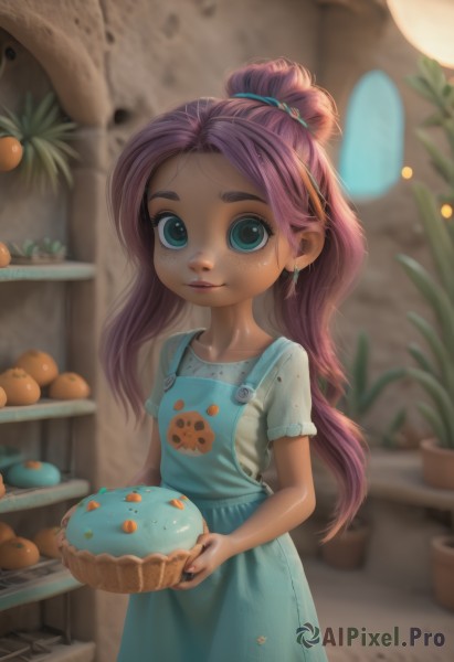 1girl,solo,long hair,looking at viewer,smile,blue eyes,shirt,hair ornament,dress,holding,jewelry,green eyes,standing,collarbone,white shirt,ponytail,pink hair,purple hair,short sleeves,cowboy shot,earrings,food,indoors,nail polish,blurry,apron,aqua eyes,lips,fruit,depth of field,blurry background,plant,child,freckles,basket,female child,potted plant,overalls,orange (fruit),kitchen,blue apron,bangs,artist name,cookie