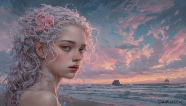 1girl,solo,long hair,looking at viewer,blue eyes,hair ornament,bare shoulders,jewelry,flower,white hair,earrings,outdoors,parted lips,sky,cloud,hair flower,water,from side,lips,grey eyes,ocean,wavy hair,beach,cloudy sky,portrait,scenery,pink flower,freckles,curly hair,sunset,realistic,nose,sand,watercraft,boat