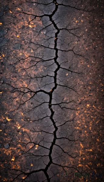 outdoors,tree,no humans,from above,fire,scenery,branch,bare tree,crack,embers,orange theme,sky,night,star (sky),nature,smoke,burning