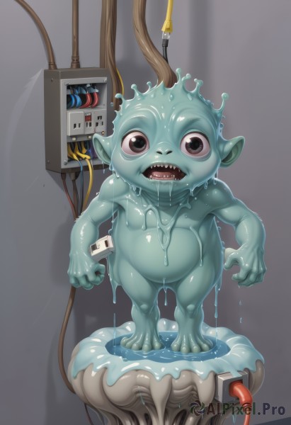 solo,looking at viewer,open mouth,1boy,standing,full body,male focus,teeth,pointy ears,no humans,saliva,colored skin,sharp teeth,child,monster,blue skin,cable,male child,dripping,slime (substance),simple background,grey background,black eyes,drooling,creature,green skin