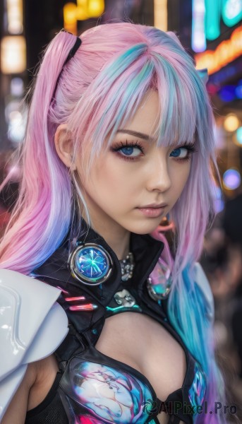 1girl,solo,long hair,breasts,looking at viewer,bangs,blue eyes,cleavage,twintails,jewelry,closed mouth,blue hair,upper body,pink hair,multicolored hair,small breasts,artist name,blurry,two-tone hair,lips,streaked hair,clothing cutout,eyelashes,gradient hair,makeup,blurry background,cleavage cutout,eyeshadow,realistic,nose,eyeliner,mascara,earrings,bodysuit,science fiction