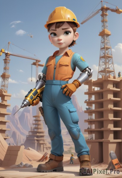 1girl,solo,looking at viewer,short hair,brown hair,shirt,gloves,1boy,holding,brown eyes,closed mouth,standing,full body,weapon,boots,outdoors,sky,day,pants,cloud,vest,blue sky,lips,hand on hip,gun,bird,brown footwear,helmet,robot,child,overalls,jumpsuit,male focus,multiple boys,solo focus,zipper,male child,mechanical arms