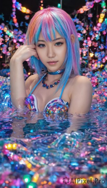 1girl,solo,long hair,breasts,looking at viewer,smile,bangs,cleavage,bare shoulders,jewelry,medium breasts,closed mouth,blue hair,swimsuit,upper body,pink hair,bikini,multicolored hair,choker,hand up,water,necklace,blurry,black eyes,two-tone hair,lips,grey eyes,watermark,partially submerged,realistic,nose,multicolored bikini,blue eyes,artist name,medium hair,wet,hand on own face