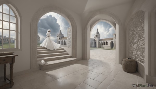 1girl,solo,short hair,brown hair,dress,standing,outdoors,sky,day,cloud,indoors,white dress,blue sky,no humans,window,shadow,white headwear,table,cloudy sky,building,scenery,stairs,wedding dress,skirt hold,long dress,basket,church,hat,architecture