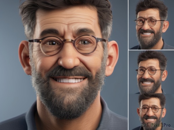 looking at viewer,smile,short hair,simple background,shirt,1boy,brown eyes,grey hair,male focus,parted lips,glasses,teeth,grey background,grin,black eyes,multiple views,facial hair,portrait,beard,black-framed eyewear,mature male,realistic,round eyewear,mustache,old,old man,grey-framed eyewear,wrinkled skin,black hair,artist name,blue background,blue shirt,expressions