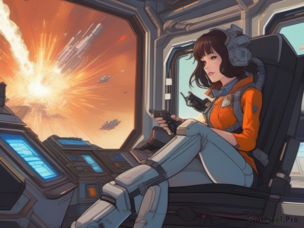 1girl,solo,short hair,bangs,brown hair,gloves,holding,brown eyes,sitting,jacket,parted lips,pants,indoors,fingerless gloves,medium hair,lips,window,phone,crossed legs,helmet,cellphone,robot,mecha,smartphone,headset,science fiction,holding phone,aircraft,white pants,explosion,spacecraft,spacesuit,cockpit,radio antenna,pilot,breasts,looking at viewer,sky,cloud,uniform,vest,military,bob cut,controller,pilot suit,space,debris,joystick